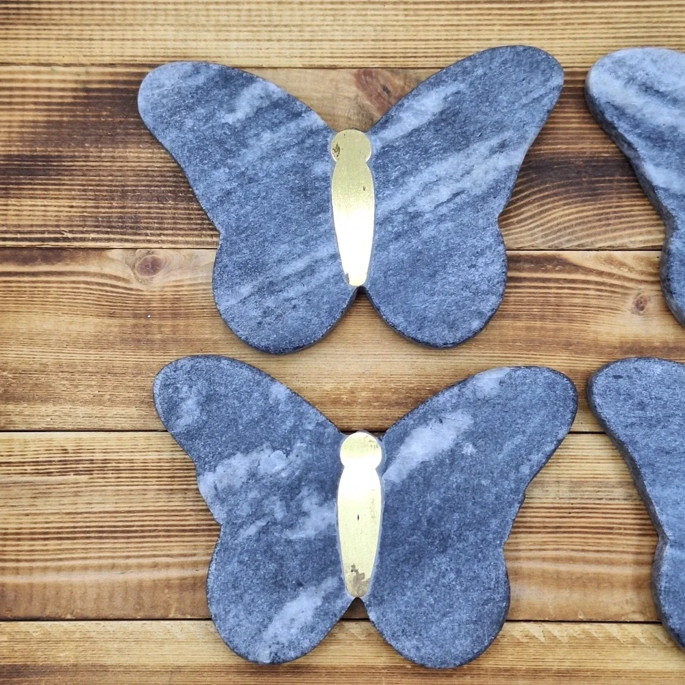 Coasters (4) Marble Brass Inlay Butterflies Natural Stone MCM Natural‎ Stone